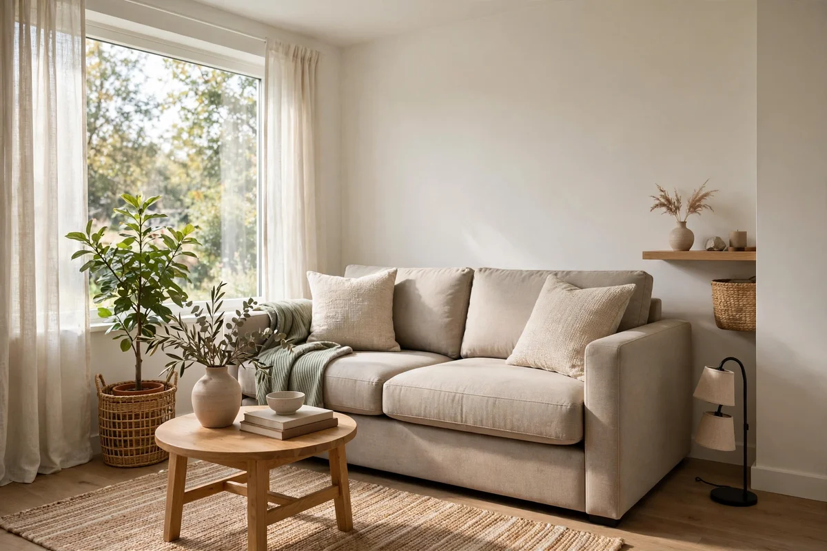 Small living room with a perfectly scaled comfortable sofa in performance fabric