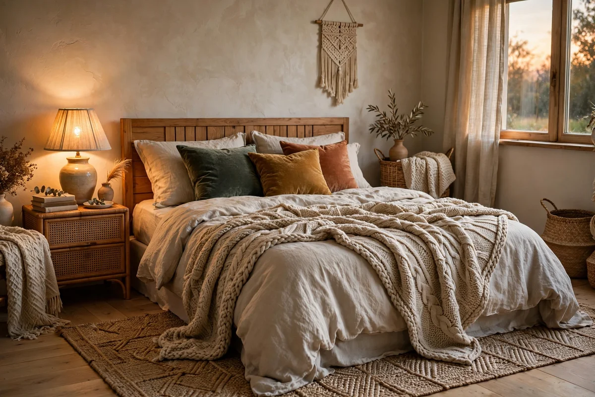 Cozy bedroom rich with layered textures, knit throw, velvet cushions and woven rug