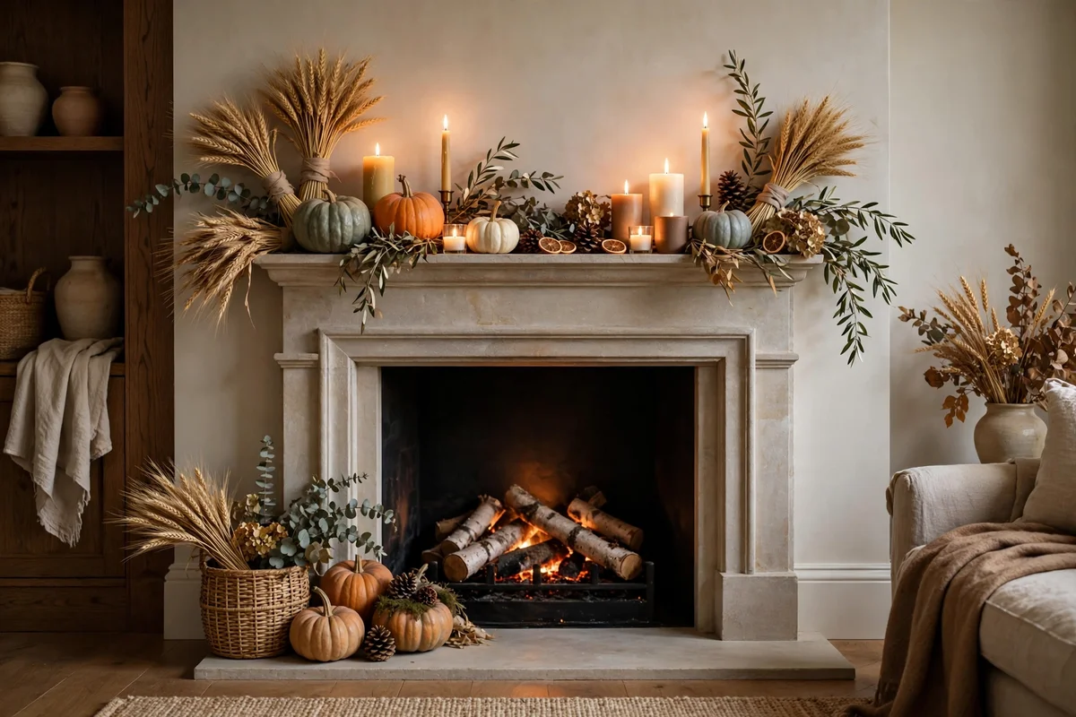 Elegant mantel decorated for autumn with natural reusable elements and candles