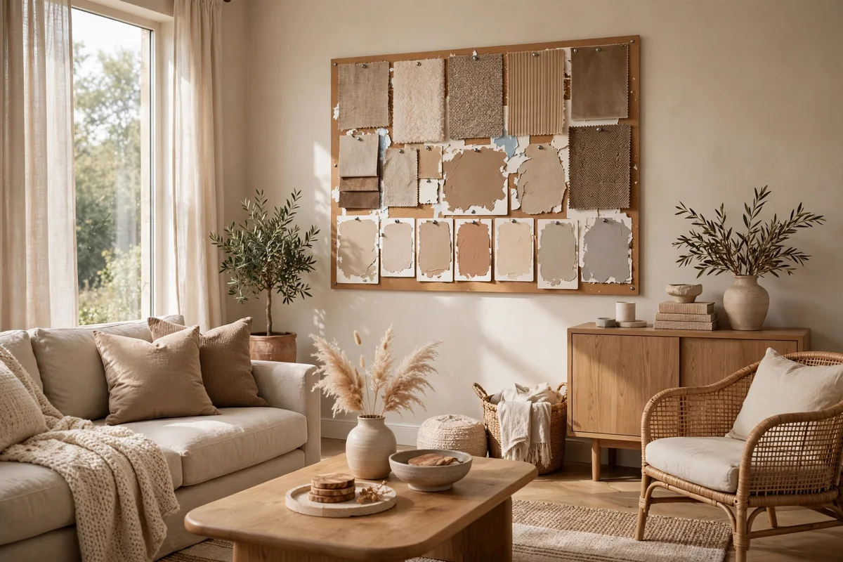 Cohesive living room in warm neutrals with a mood board of fabric swatches showing planning