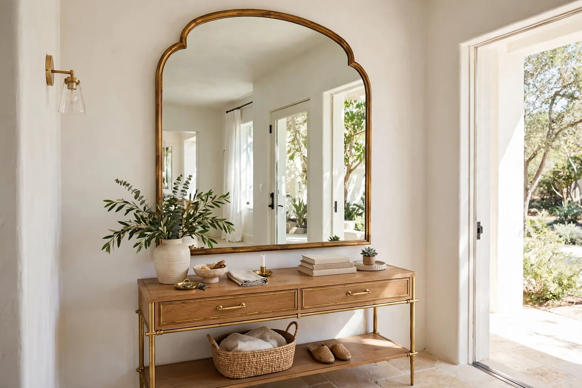 Bright entryway with a large quality arched mirror with clean true reflection