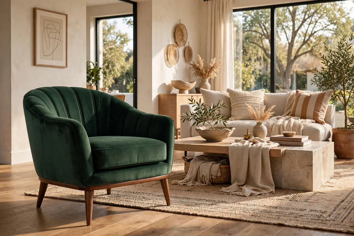 Gorgeous living room with a floor-model designer armchair scored at a deep discount