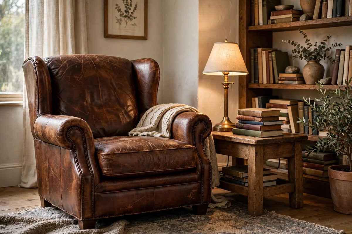 Well-loved quality leather armchair in a reading corner that has aged beautifully over years