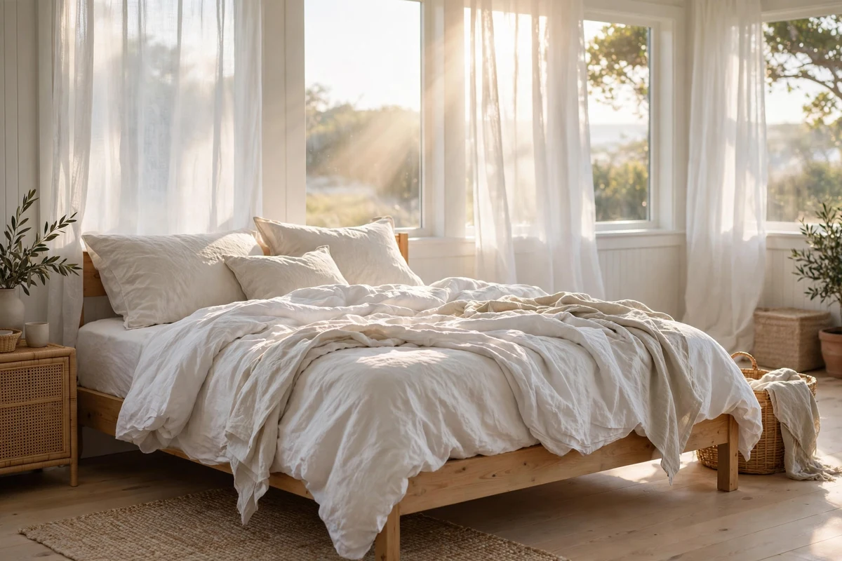 White linen bedding layered on a bed in a bright coastal bedroom