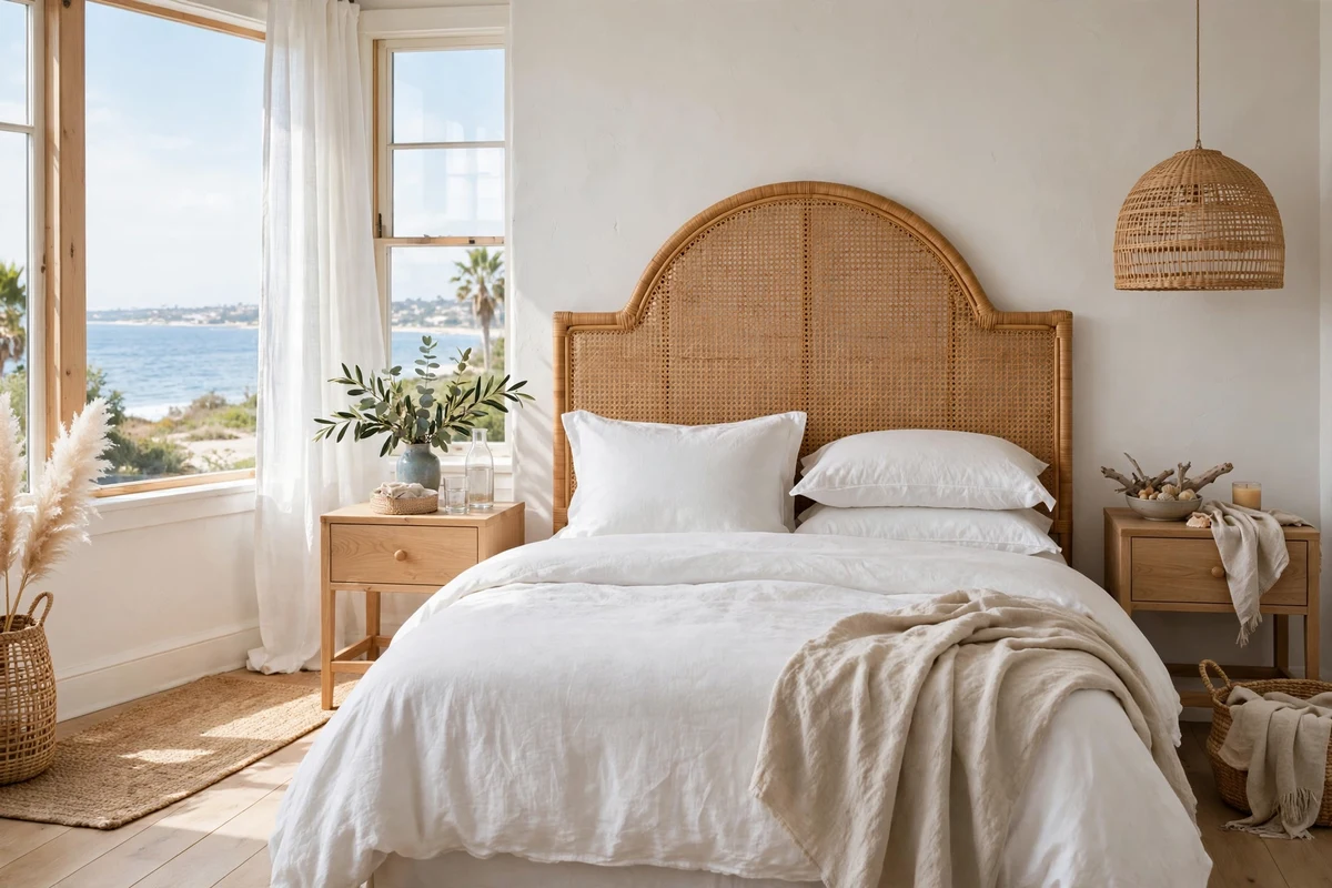 Rattan headboard in a coastal style bedroom with white bedding