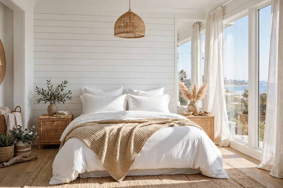 White shiplap accent wall behind a bed in a coastal bedroom