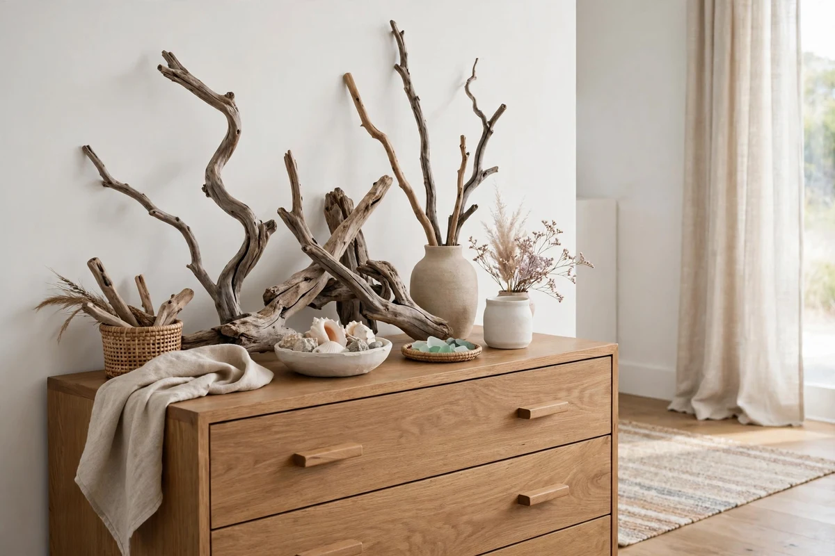 Driftwood decor accents styled on a dresser in a coastal bedroom
