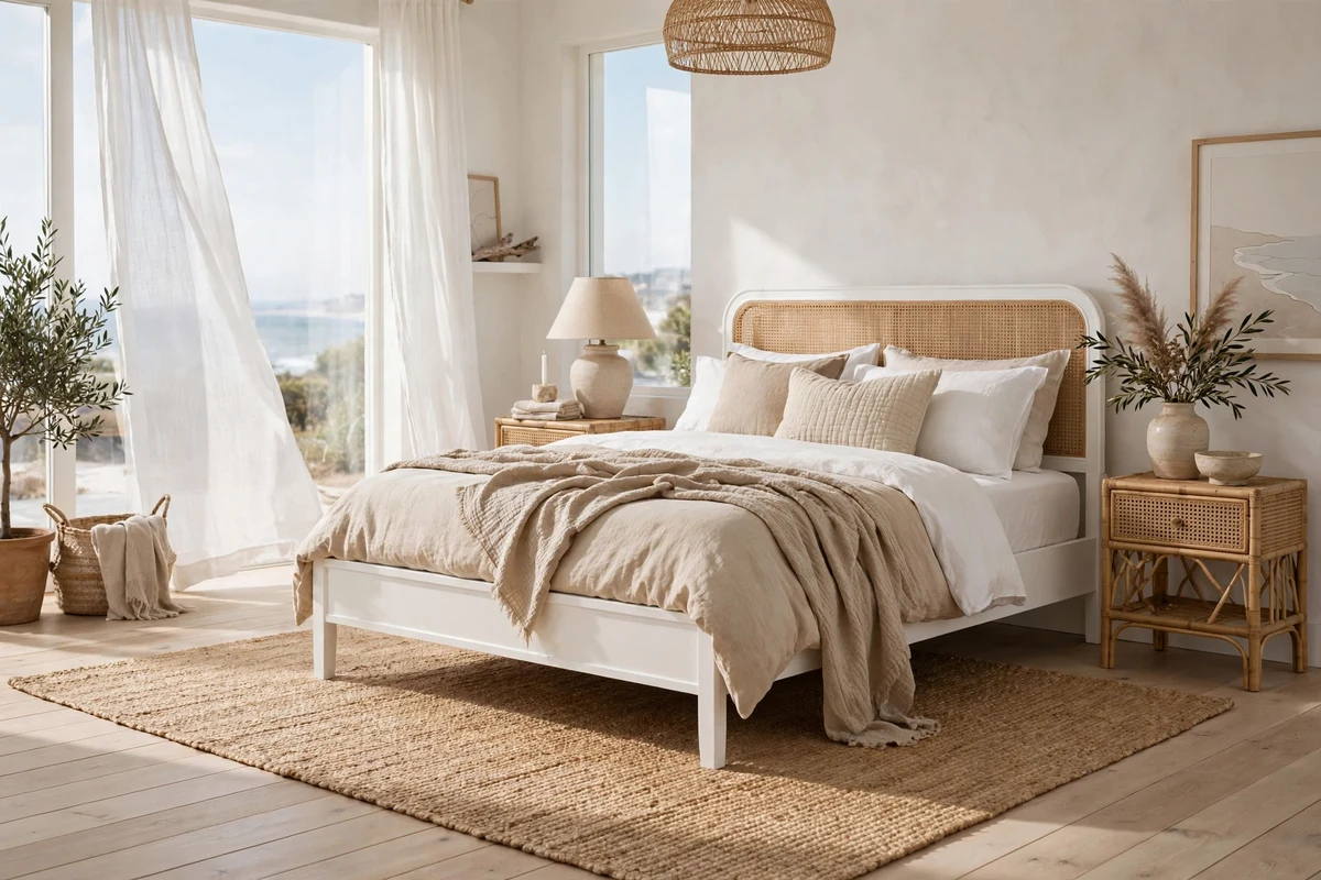 Jute area rug under a bed in a coastal bedroom
