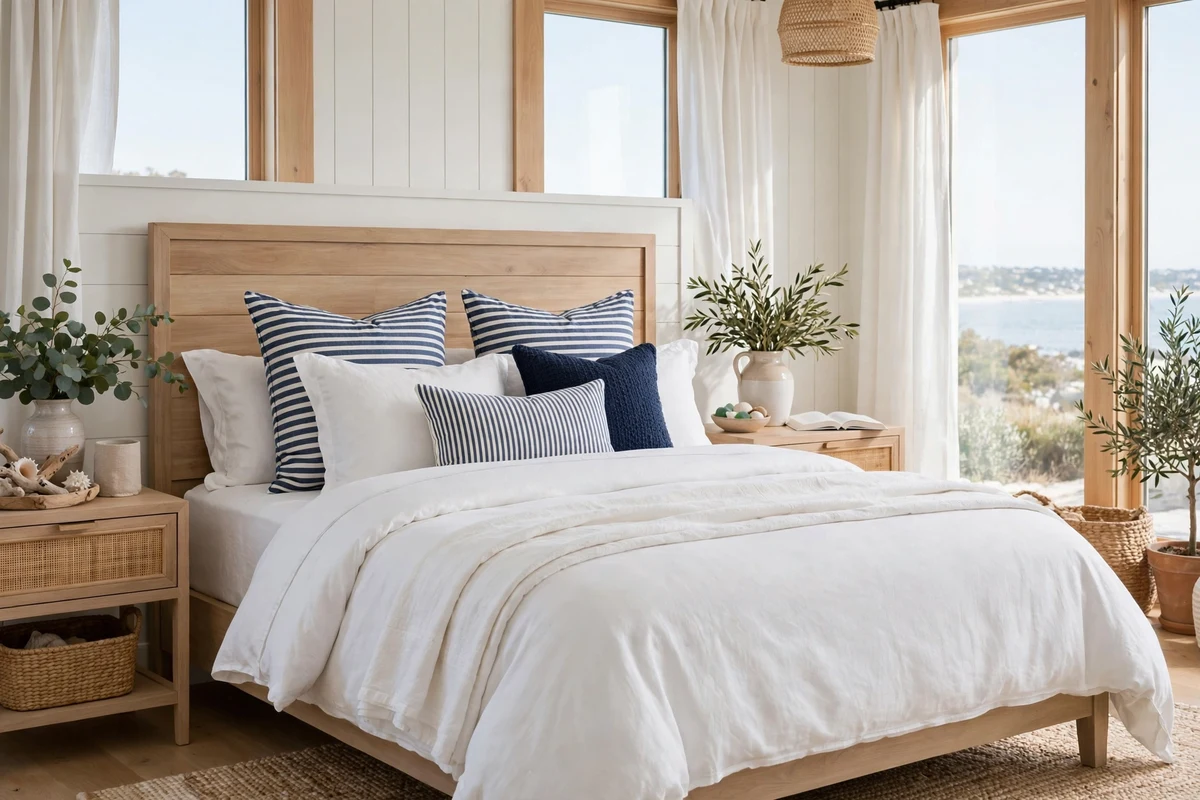 Nautical stripe throw pillows on white bedding in a coastal bedroom