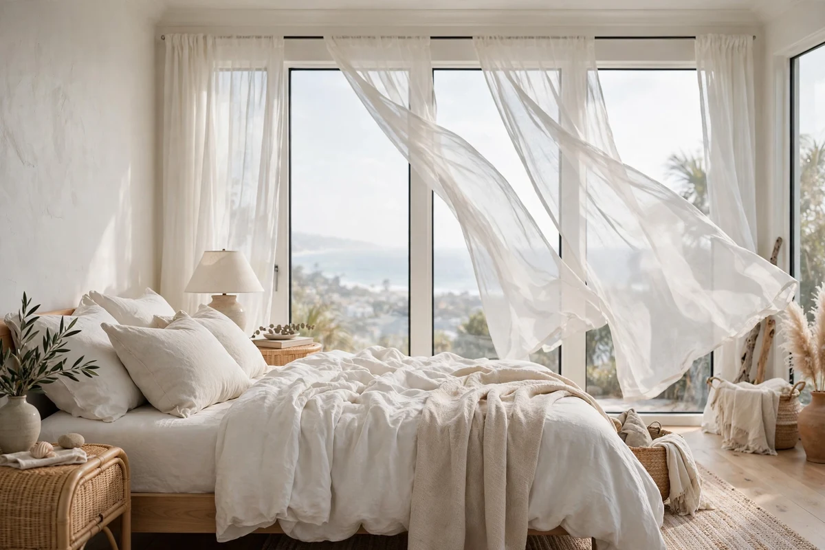 Sheer white curtains billowing in a bright coastal bedroom