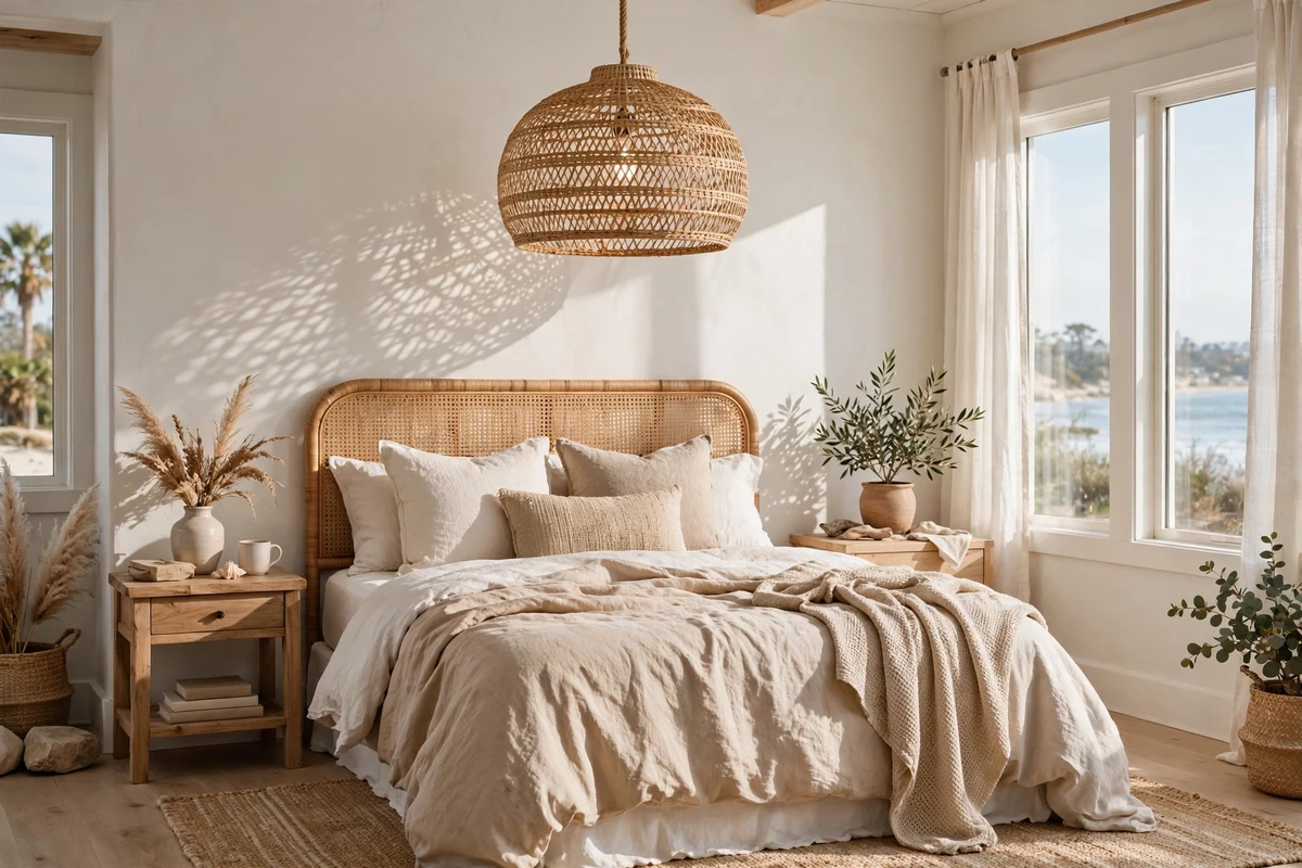 Woven rattan pendant light hanging in a coastal bedroom