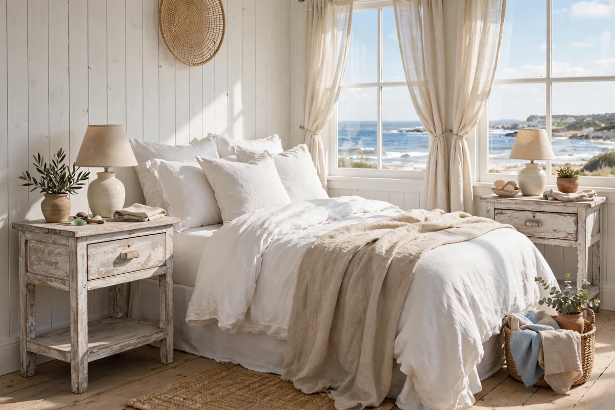 Weathered wood nightstands beside a bed in a coastal bedroom