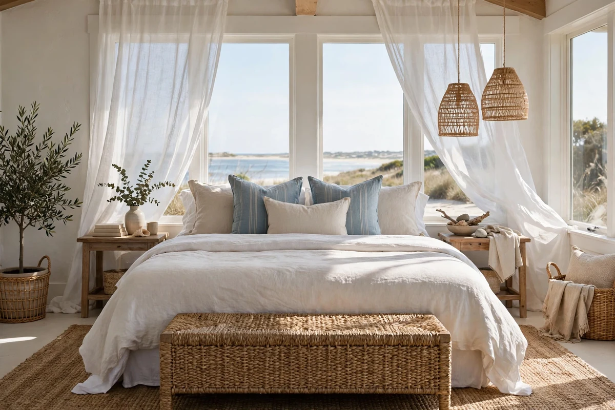 Woven coastal bench at the foot of a bed in a beachy bedroom