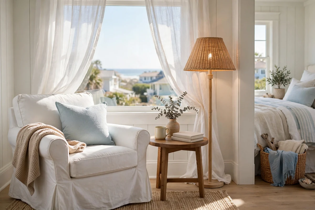 Slipcovered armchair reading nook in a bright coastal bedroom