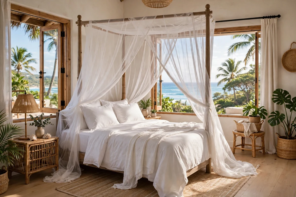 Breezy white canopy net draped over a bed in a coastal bedroom