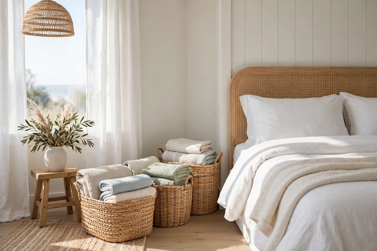 Wicker storage baskets in a tidy coastal bedroom