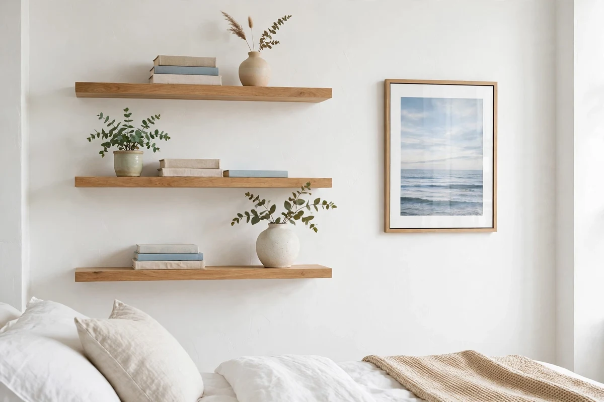 Airy open wood shelves styled with coastal decor in a bedroom