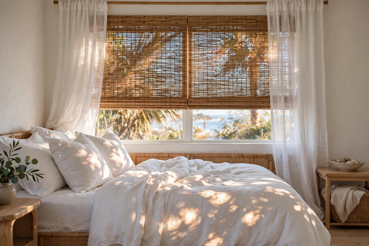 Bamboo blinds on windows in a coastal bedroom with soft light