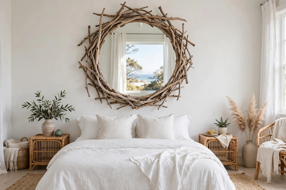 Driftwood framed mirror hanging in a coastal bedroom