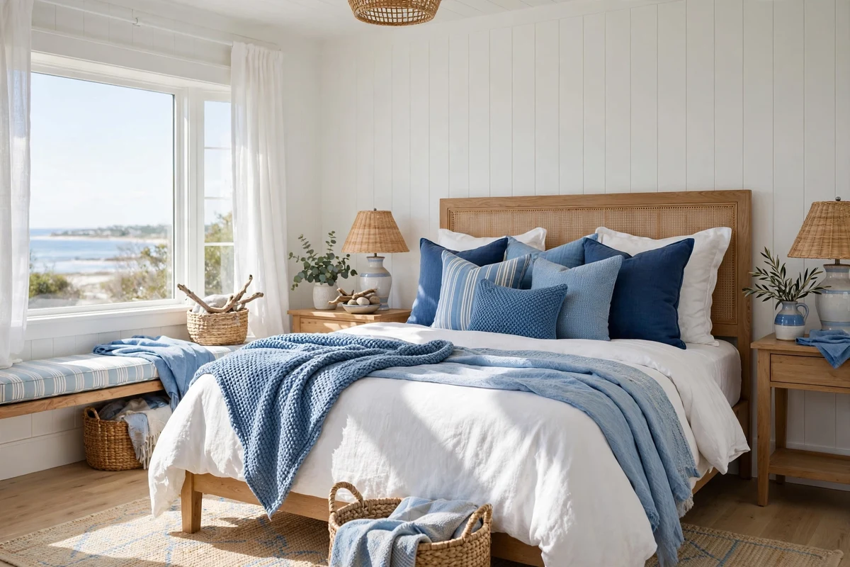 Blue and white color palette in a coastal bedroom