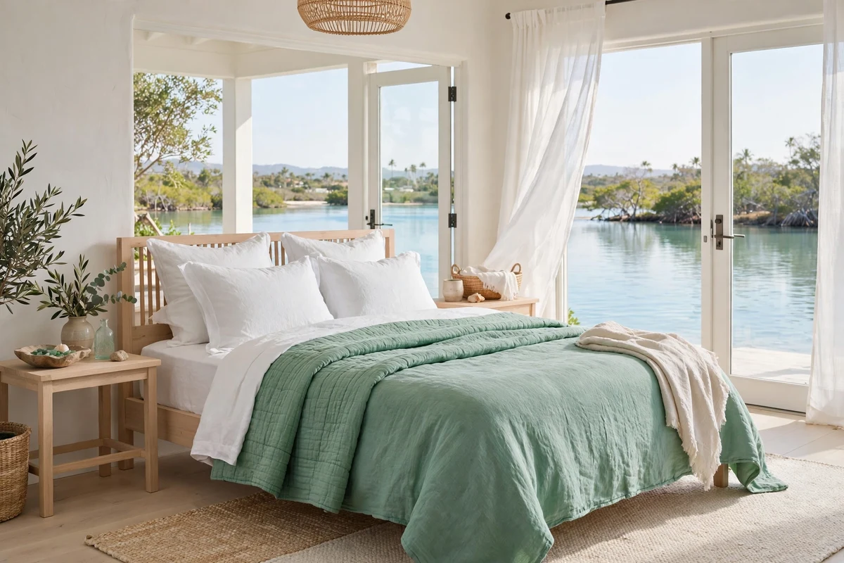 Aqua blue bedding in a coastal bedroom with white accents