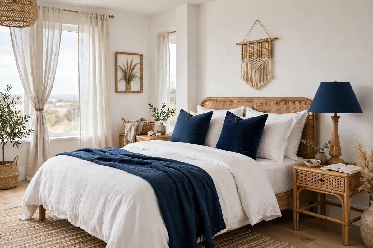 Navy blue accents in a light coastal bedroom