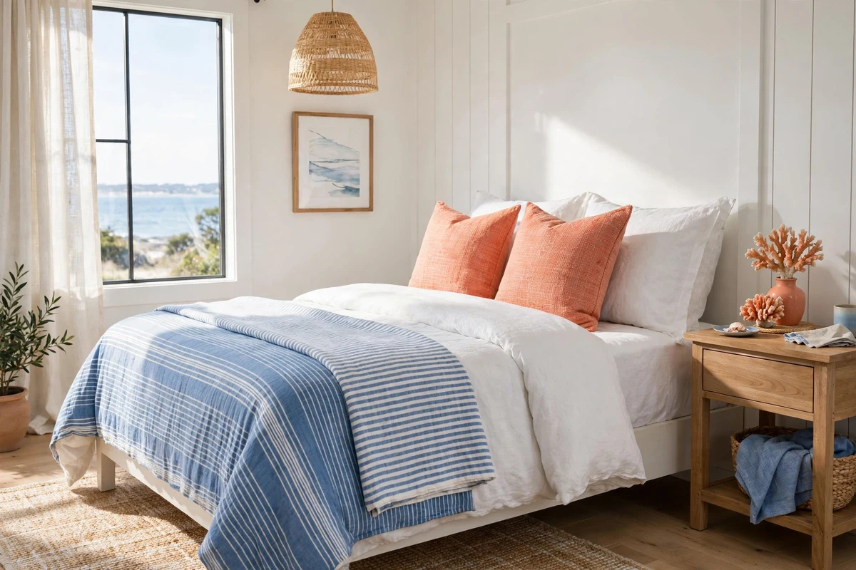 Coral color accents in a coastal bedroom with blue and white