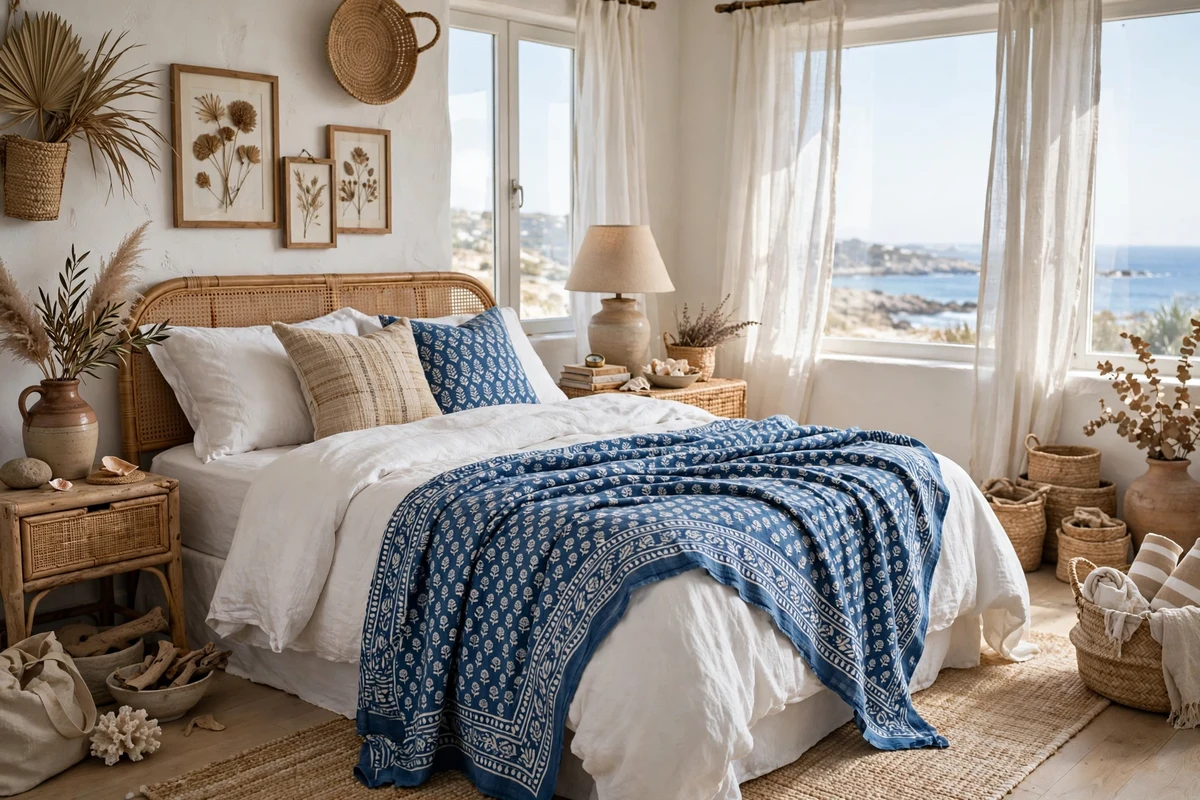 Blue patterned throw blanket on a bed in a coastal bedroom