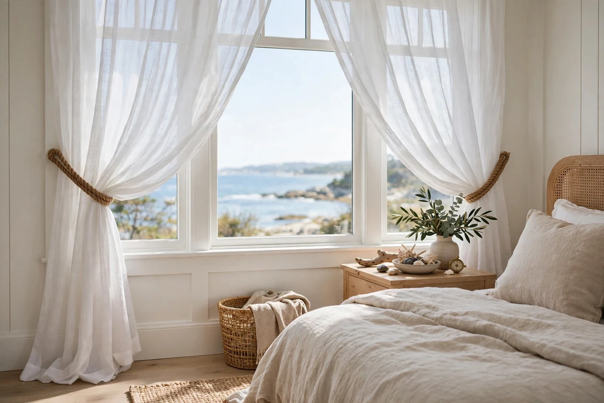 Natural rope details and tiebacks in a coastal bedroom