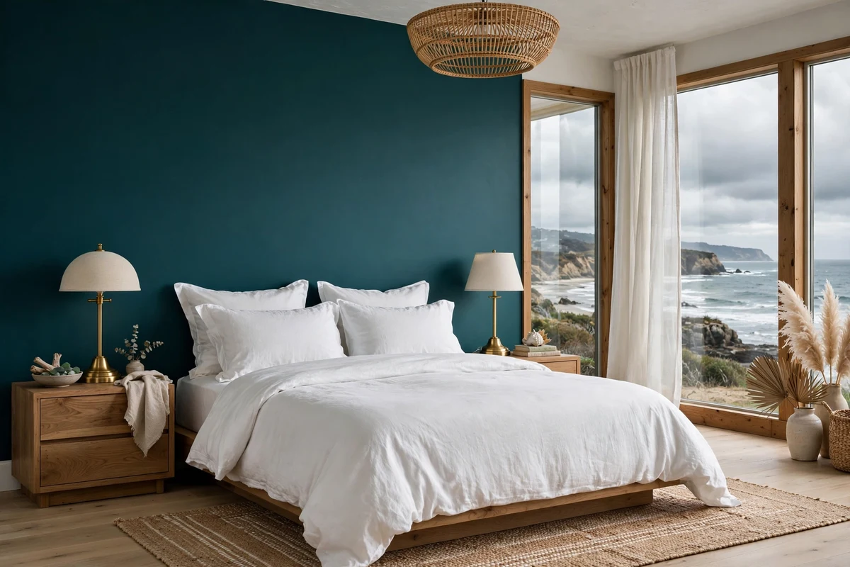 Teal accent wall behind a bed in a coastal bedroom