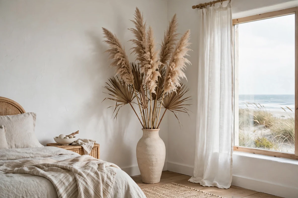 Dried pampas grass in a vase in a coastal bedroom corner