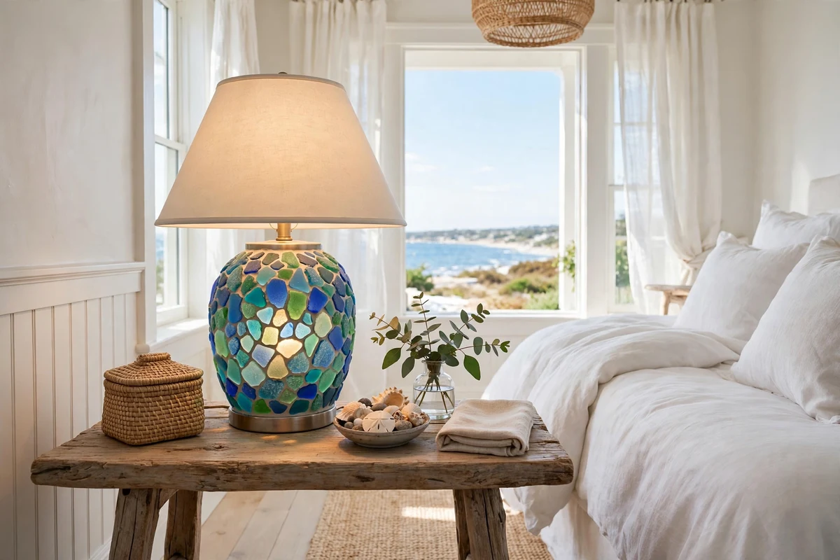 Blue glass table lamps on nightstands in a coastal bedroom