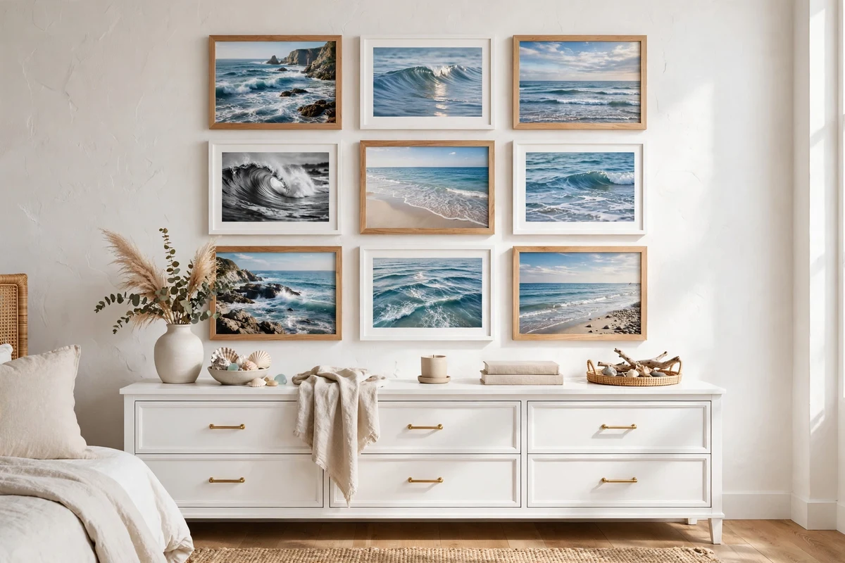 Ocean inspired gallery wall with framed prints in a coastal bedroom