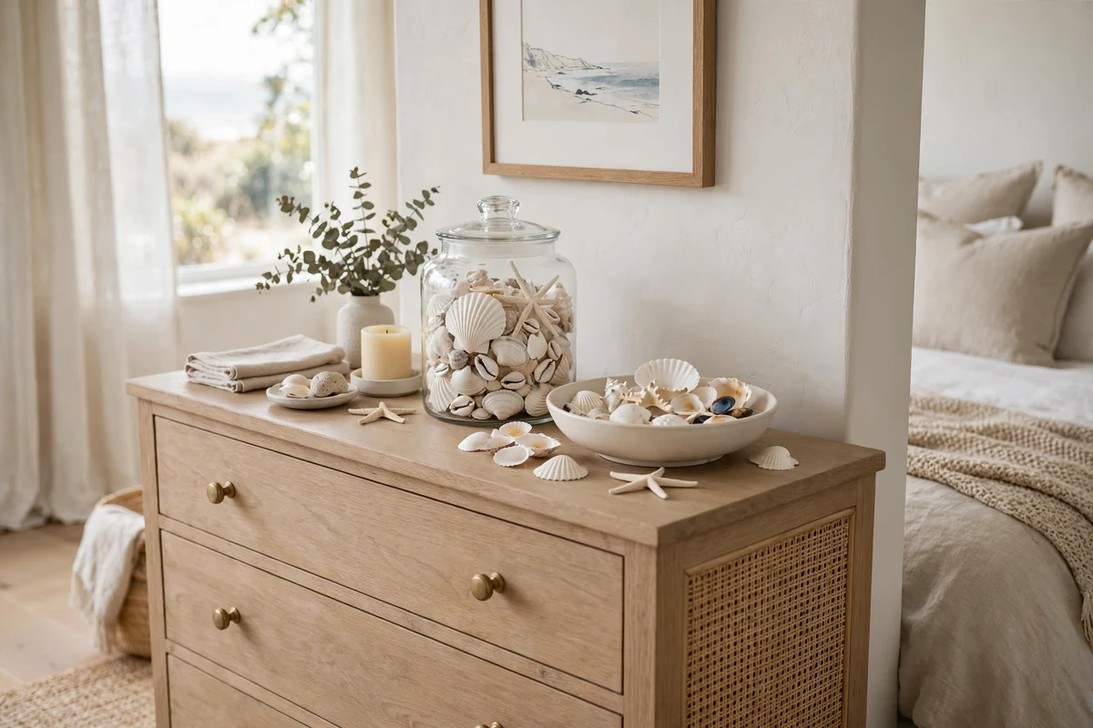 Curated seashell collection displayed in glass in a coastal bedroom