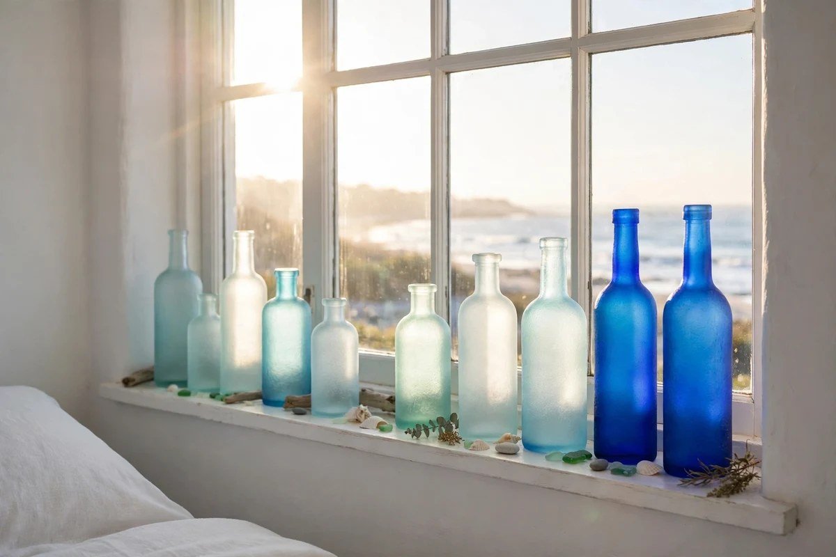 Sea glass bottles styled on a nightstand in a coastal bedroom