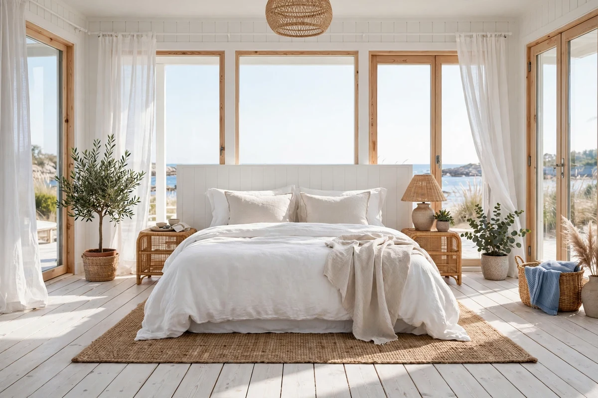 Whitewashed wood floors in a bright coastal bedroom