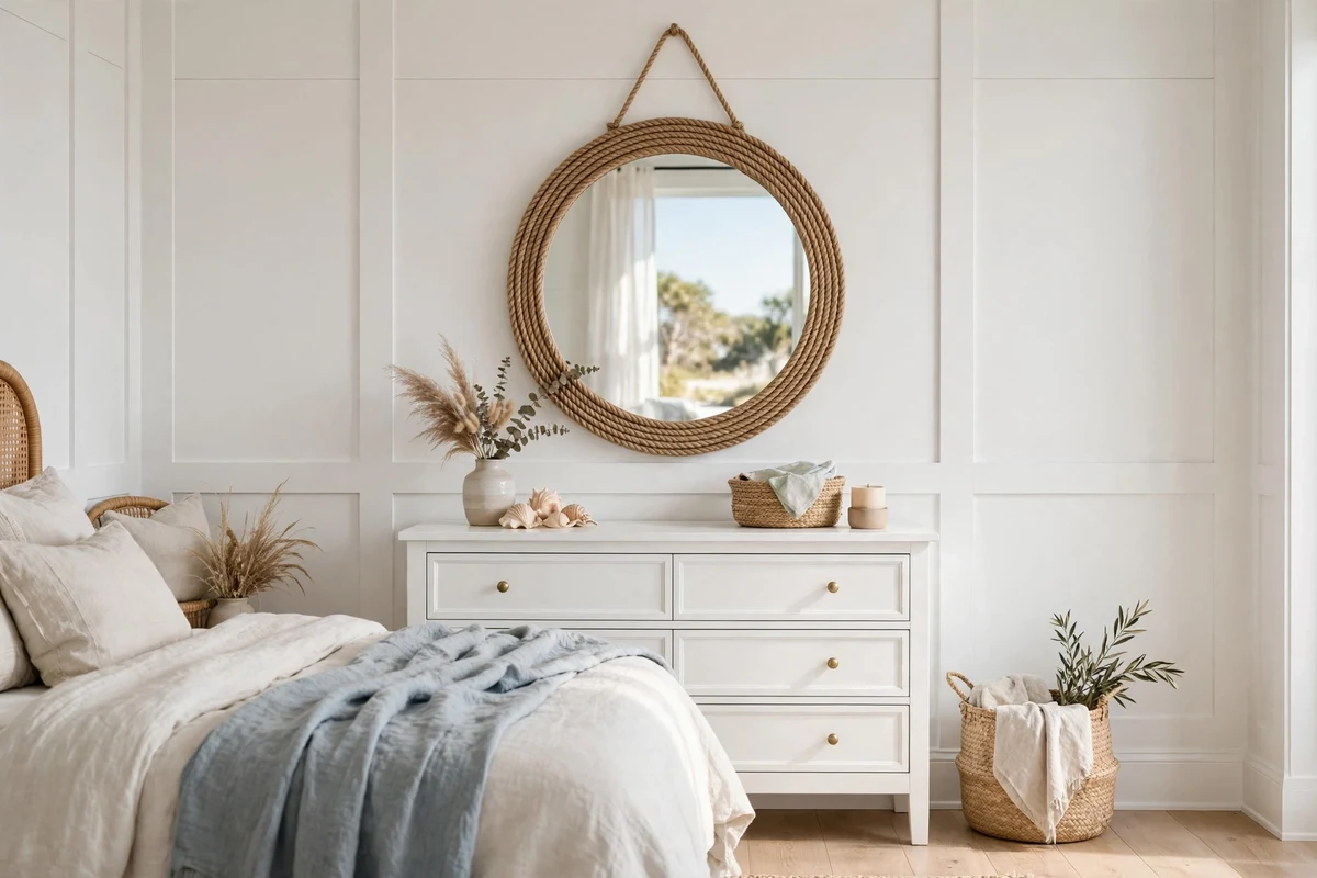 Round jute wrapped mirror hanging in a coastal bedroom