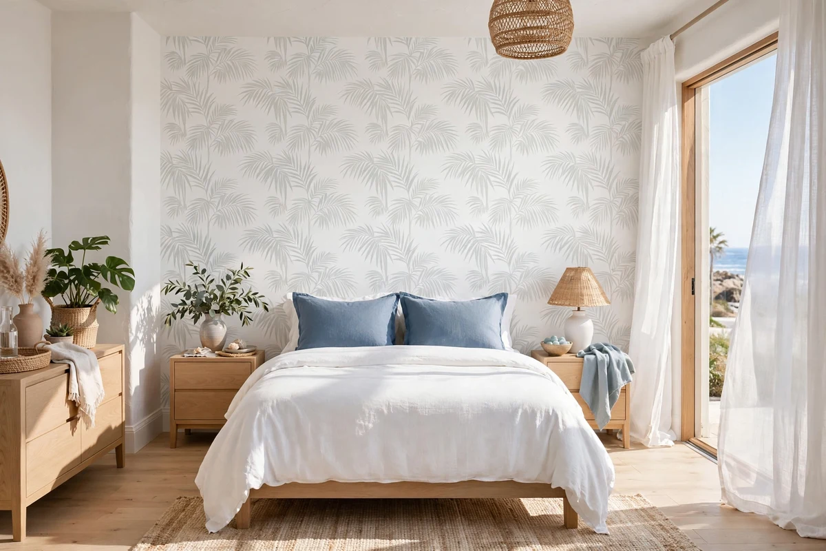 Subtle coastal print wallpaper on an accent wall in a bedroom