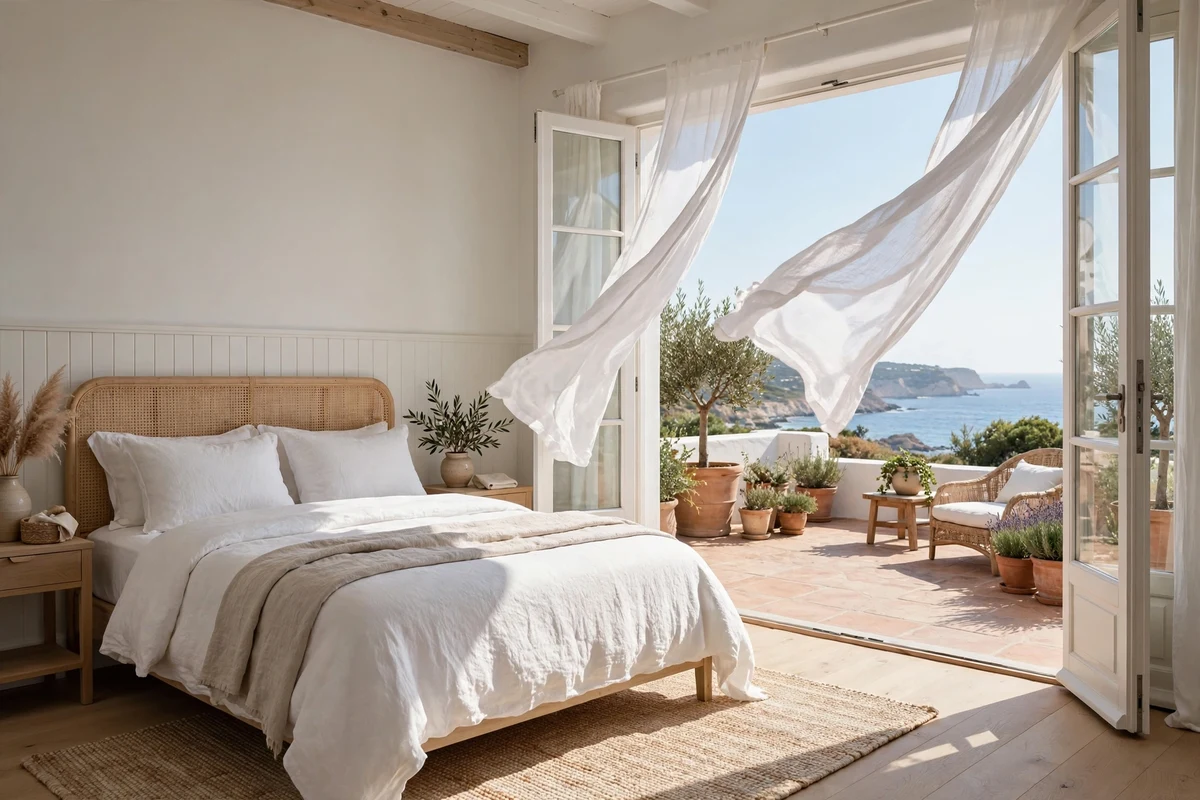Coastal bedroom with open doors flowing to a bright outdoor space