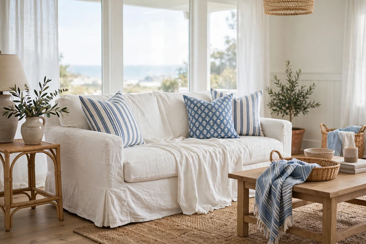 White slipcovered sofa with blue pillows in a bright coastal living room