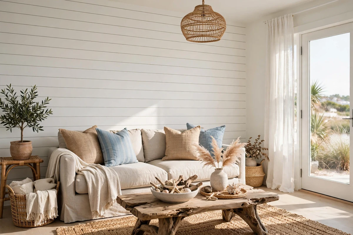 White shiplap accent wall in a coastal style living room