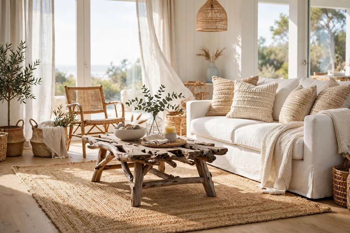 Natural jute area rug under a coffee table in a coastal living room