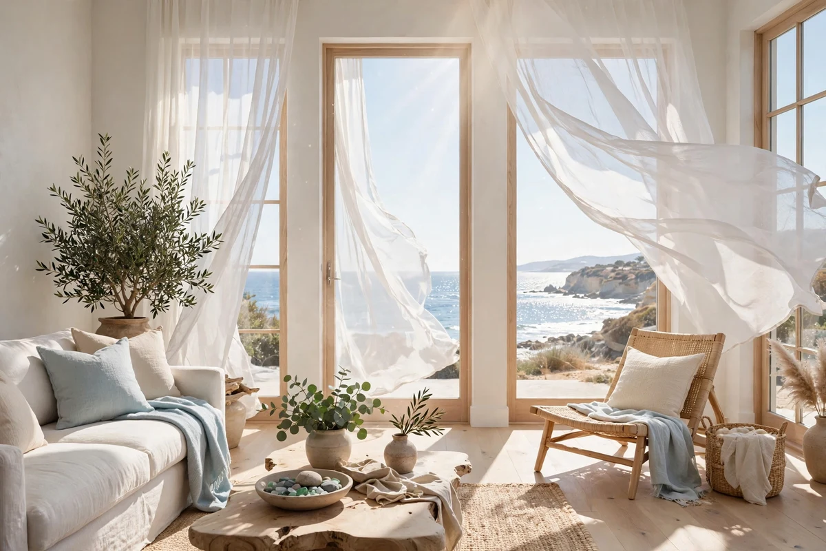 Sheer white curtains billowing in a bright coastal living room