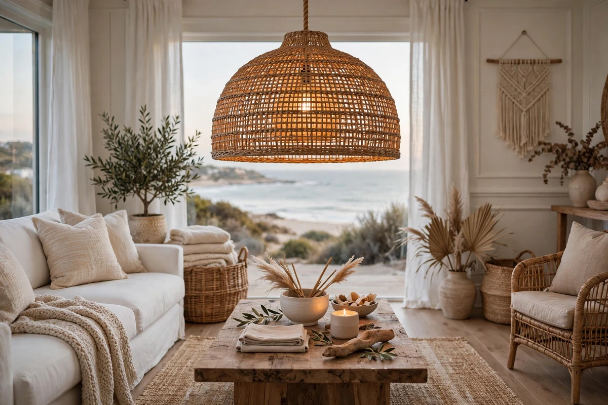 Woven rattan pendant light hanging in a coastal living room