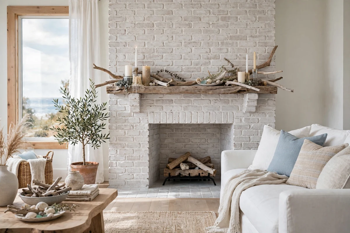 Whitewashed brick fireplace in a coastal living room