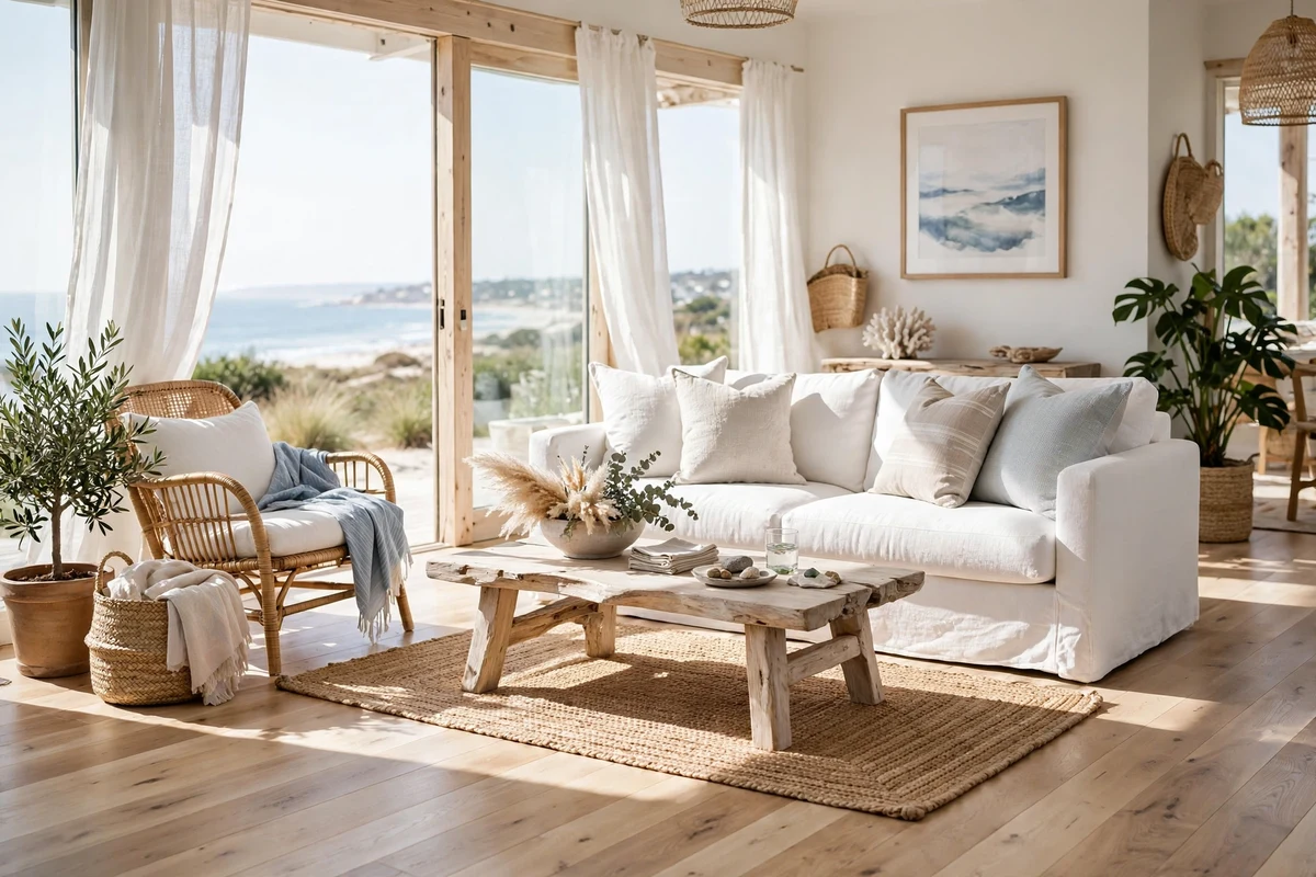 Light oak wood flooring in a bright coastal living room