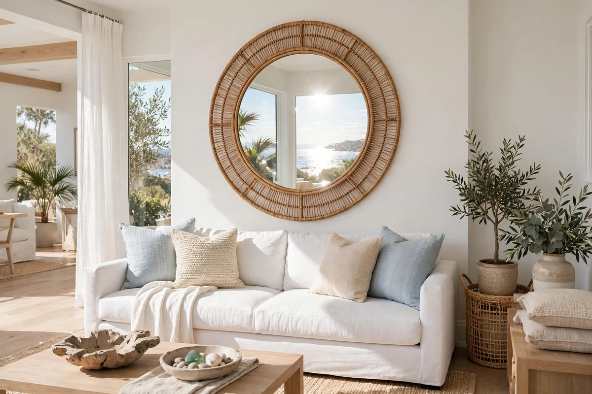 Round rattan mirror on the wall of a coastal living room