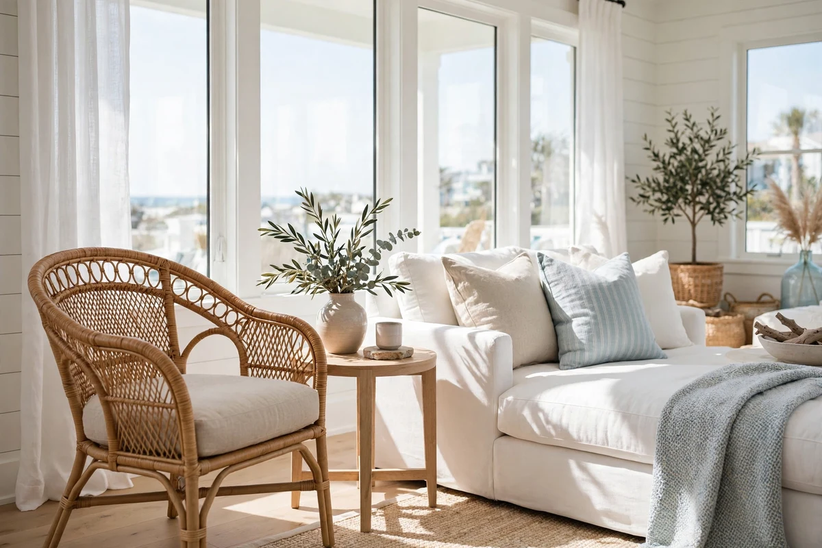 Rattan accent chair in a bright coastal living room