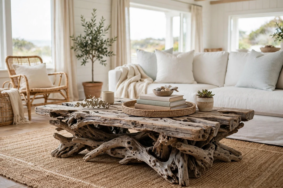 Driftwood coffee table styled in a coastal living room