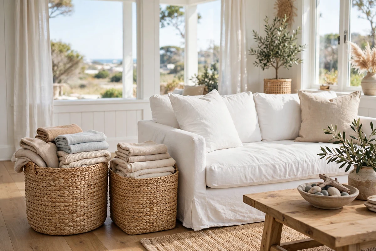 Woven seagrass storage baskets in a coastal living room